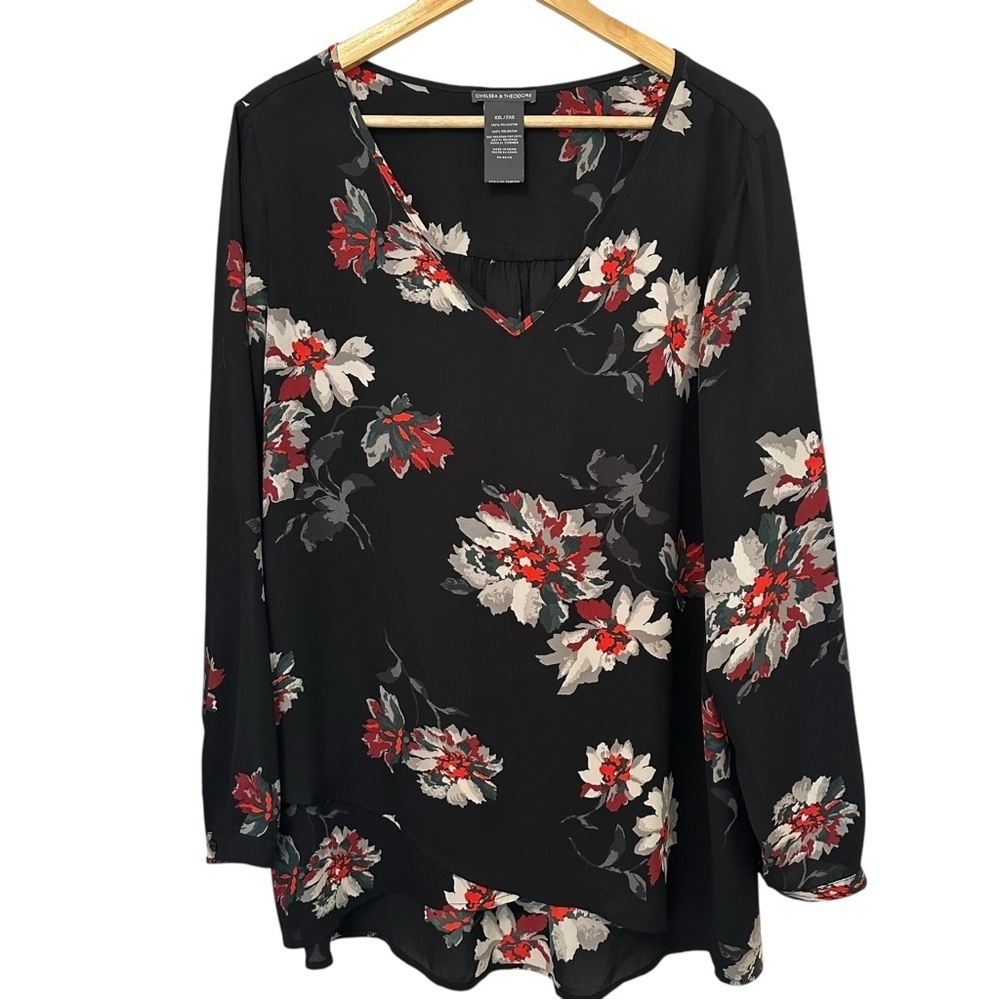 Women's 2X Black Whimsy Goth Floral PLUS Long Sleeve Work Casual Relax Blouse